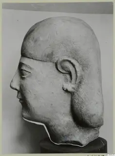 Limestone Neo-Cypriote head in profile, facing left, on a dark cylindrical stand