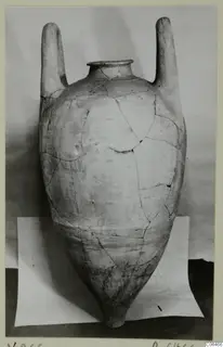 Pottery Plain White VI pithos with two tall handles, reconstructed from sherds, photographed on white paper.