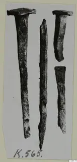 Four corroded metal nails on a pale card mount