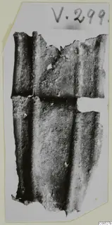 Bronze sheet fragments with parallel raised ribs, photographed against a pale card background