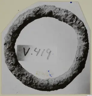 Bronze ring, V.419, photographed on a light mount with a number label.