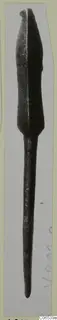 Bronze weapon with a leaf-shaped blade and a long tapering tang, photographed upright on a mounted card