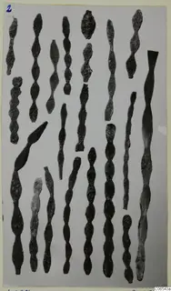 Group of about two dozen corroded metal rods with bead-like swellings, laid out on a pale grey background
