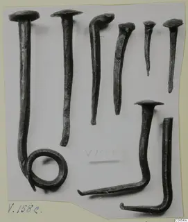 Several dark corroded metal nails and bent rods laid out on a pale ground