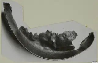 Curved dark bowl fragment with a rough crusted deposit on its concave side, shown on a pale card