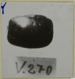 Dark glyptic object with a glossy highlight, photographed on a card with a handwritten number label
