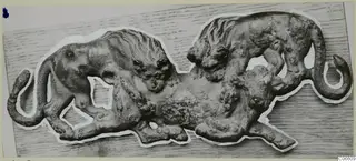 Bronze relief of two maned animals with curling tails, one overlapping the other, from Vouni.