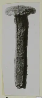 Corroded nail from Vouni with a broad flat head, photographed alone against a pale background