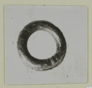 Hair spiral from Vouni, a dark ring-shaped object photographed on a pale card
