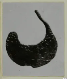 Crescent-shaped silver object with a thin tapering end, shown against a plain grey background
