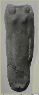 Small headless figurine of a body in grey clay-like material, with a blue-traced crack across the lower part