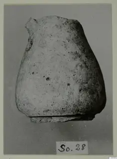 Hellenistic Wares juglet: a pottery vessel with a rounded body and broken neck, with a number label
