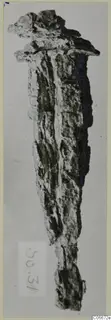 Corroded iron nail with a flattened head, photographed upright against a pale grey background