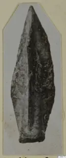 Bronze arrowhead with a long, narrow, leaf-shaped blade, shown on a pale grey card.