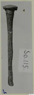 Corroded metal nail photographed upright on a grey card, with a handwritten number label beside it