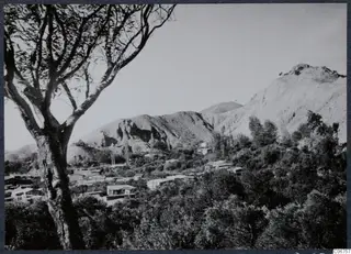 View of Kythrea with a large tree in the foreground, low buildings among trees, and bare rounded hills behind.