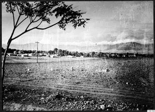 Nicosia seen across a stony open ground, with a town of low buildings and trees beyond and hills in the distance