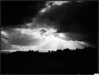 Sunset rays breaking through dark clouds over the Mesaoria plain, with a line of trees silhouetted on the horizon.