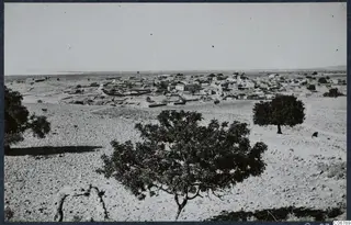 Kouklia village seen from higher ground, with low houses spread across the plain under a pale sky.