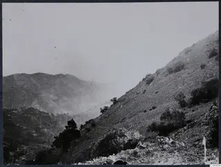 Steep hillside covered in scrub and low bushes, with a range of hills and a hazy valley beyond under a pale sky.