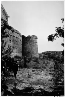 Round crenellated stone tower and thick masonry wall rising among grass and trees in the Kyrenia Mountains