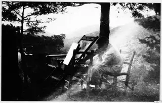 A man seated on a wooden chair under a pine tree, bent over a sheet of paper on a folding stand.
