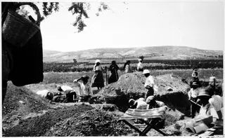 Workers digging in an excavation trench, with a large basket hanging from a tree in the foreground and a folding stool at lower right