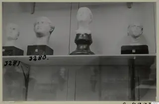 Four pale sculpted heads on dark bases on a glass-fronted shelf, North Africa
