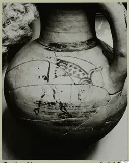 Pottery Levanto-Helladic Ware bowl-jar from Enkomi, with dark painted bands and motifs, reconstructed from fragments