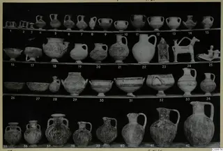 Display of pottery vessels on four shelves, with bowls, jugs and juglets, each with a number label beneath it