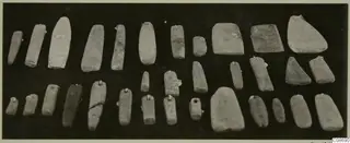 Two rows of polished-looking stone tools, mostly elongated and tapering, photographed on a dark background.
