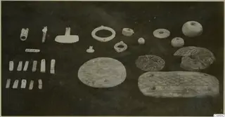 Group of pale worked objects laid out on a dark surface: patterned discs, a long plaque, rings, beads and small rectangular pieces