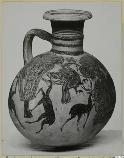 Pottery Bichrome IV jug with black animal and bird decoration on a round body