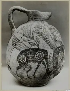 Jug of painted pottery with a loop handle and dark painted animal-like motif with rosette circles, Pottery Bichrome IV