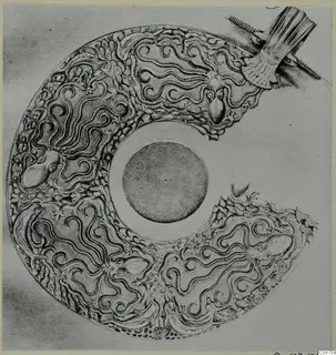 Drawing of a C-shaped gold ornament with tentacle-like relief decoration and a fluted fitting at upper right
