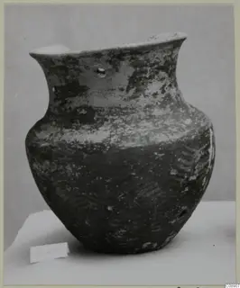 Pottery vessel with a tall neck, flared rim and pinched lip, dark surface with pale worn patches, photographed on a pale table