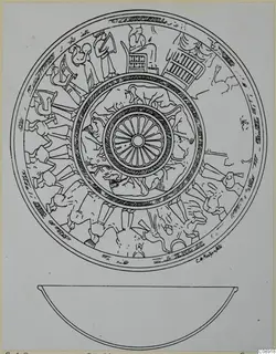 Drawing of a decorated bowl seen from above, with figures and animals around the rim, and its profile below.