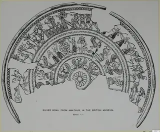 Line drawing of a broken silver bowl shown as a half-circle, with concentric bands of figures and ornament