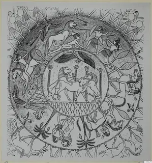 Line drawing of a circular decorated design with a lion and bull fighting in the centre, surrounded by archers and animals in bands