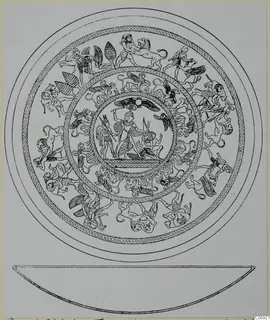 Line drawing of a decorated bowl seen from above, with concentric bands of lions, winged figures and men, and its side profile below.