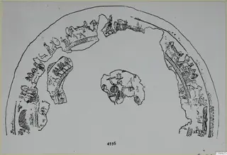 Line drawing of decorated bowl fragments with vehicles, animals and figures around a central scene