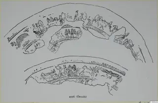 Line drawing of details of a decorated bowl, showing fragments of painted bands with chariots, figures and animals