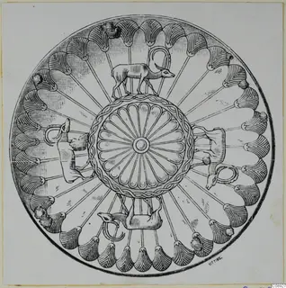 Line drawing of a decorated bowl from above, with a central rosette, four animals and a ring of fan-shaped leaves