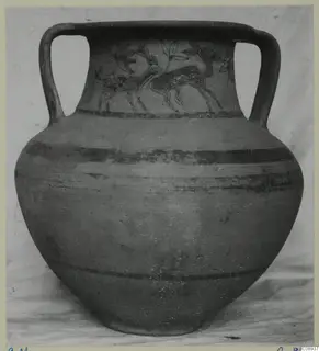 Two-handled jar with painted animals and plant motifs on its neck, photographed from the front