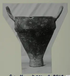 Two-handled pottery vessel with a wide flaring body and ring foot, photographed as a print mounted on a card