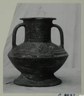 Two-handled pottery vessel with a flared rim, photographed against a pale backdrop