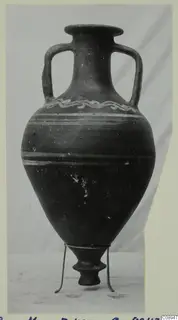 Two-handled jar with a wavy painted band on the shoulder and pale horizontal stripes around the body