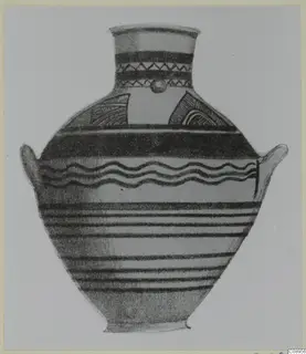 Drawing of a White Painted I amphora with two handles, banded decoration and zigzag bands on the neck