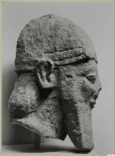 Limestone head from Kition, seen in profile, with a close-fitting cap, a large ear and a worn nose
