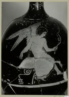 Large black-glazed vessel with a winged figure seated in reserved colour, holding a curling staff in one hand